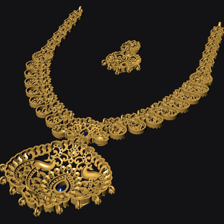 Gold necklace with intricate design on a black background