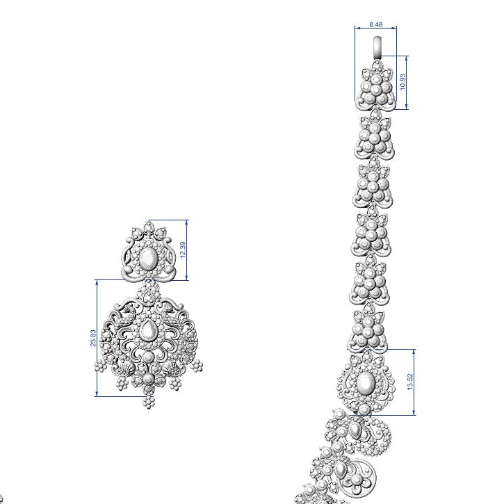 Detailed line drawing of a floral necklace and earrings on a white background