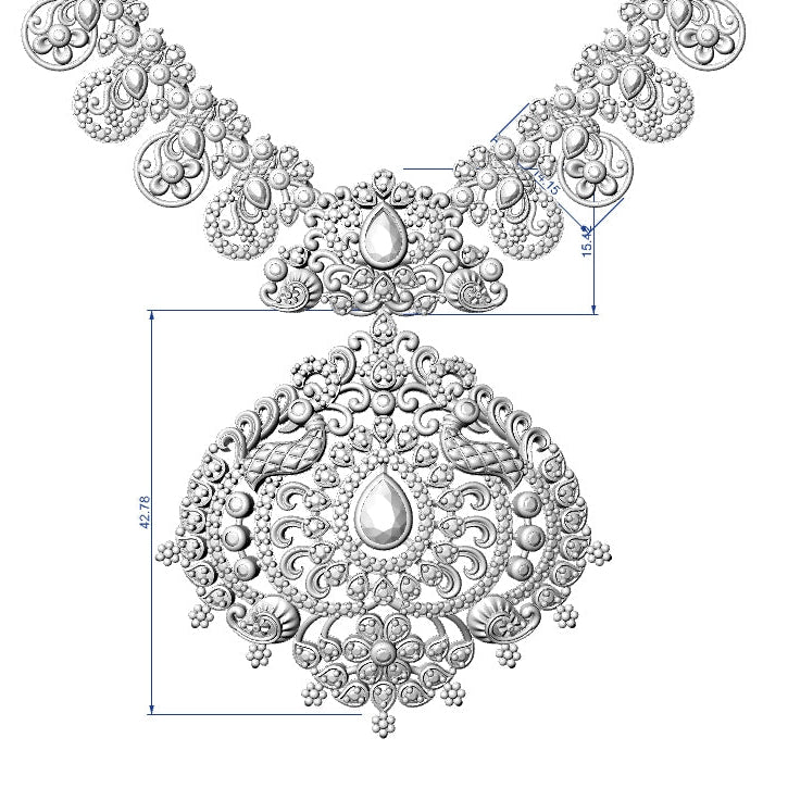 Detailed black and white illustration of a diamond necklace on a white background