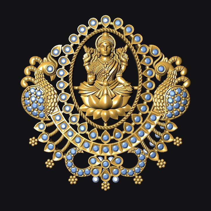Decorative gold brooch with a central figure and gemstones on a black background