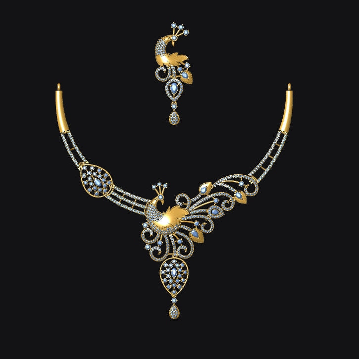 Gold necklace with peacock design on a black background