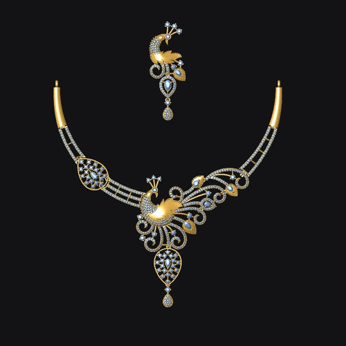 Gold necklace with peacock design on a black background