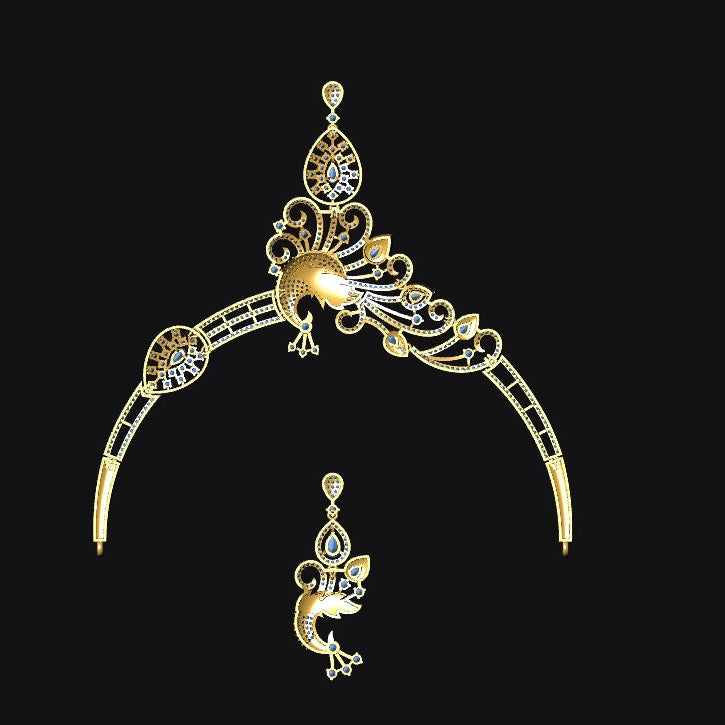 Gold jewelry set with a large crescent-shaped piece and a smaller pendant on a black background