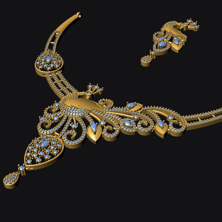 Gold necklace with blue gemstones on a black background