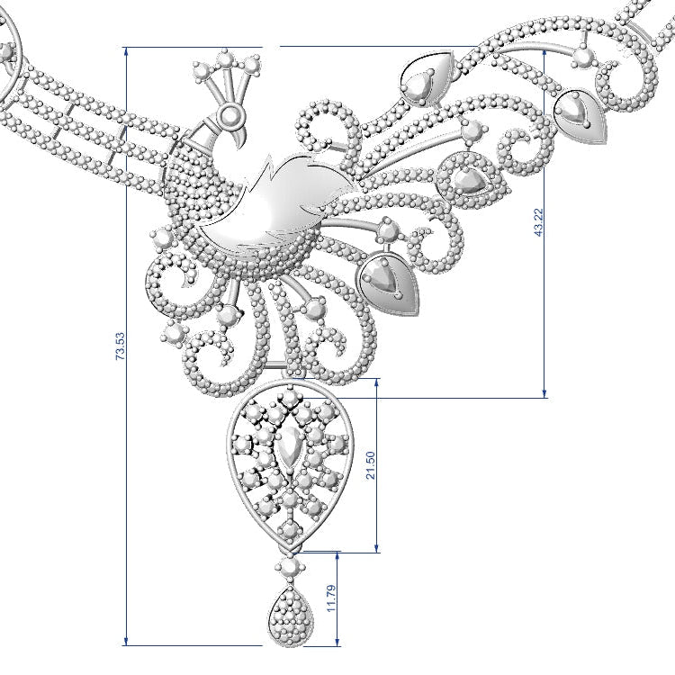 Detailed diagram of a silver necklace with measurements on a white background