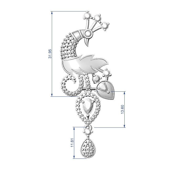 Silver earring with measurements on a white background