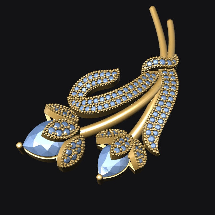 Gold brooch with blue gemstones on a black background