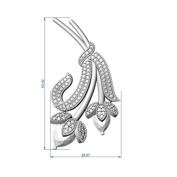 Silver necklace with leaf design and measurements on a white background