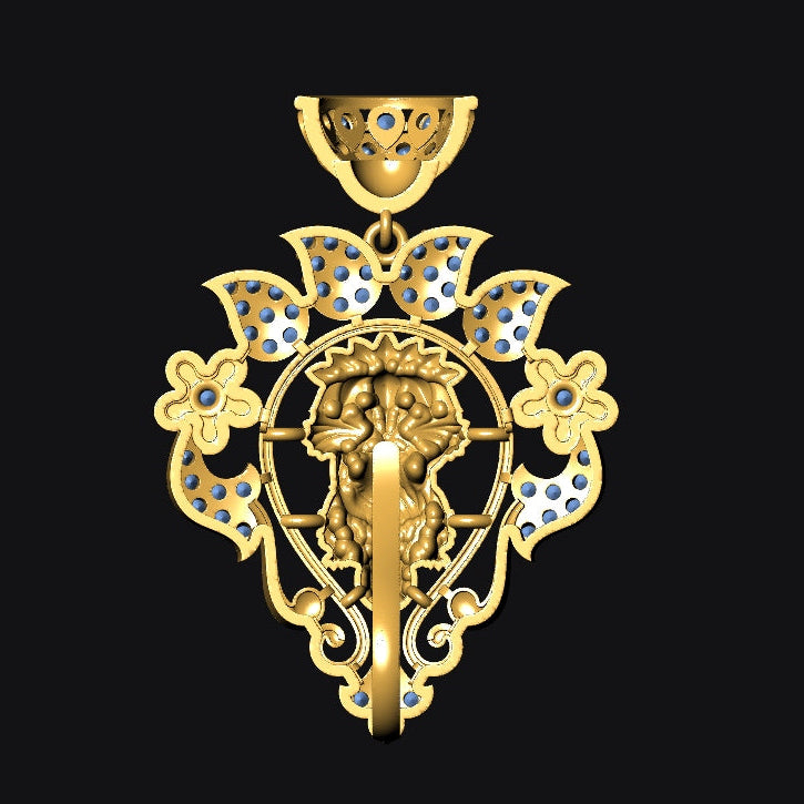 Gold pendant with floral designs on a black background