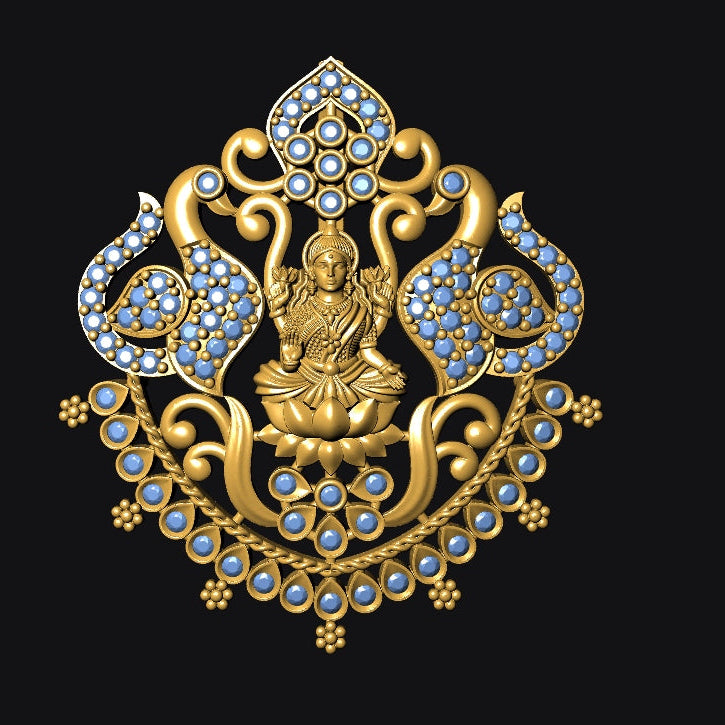 Decorative gold and blue pendant on a black background