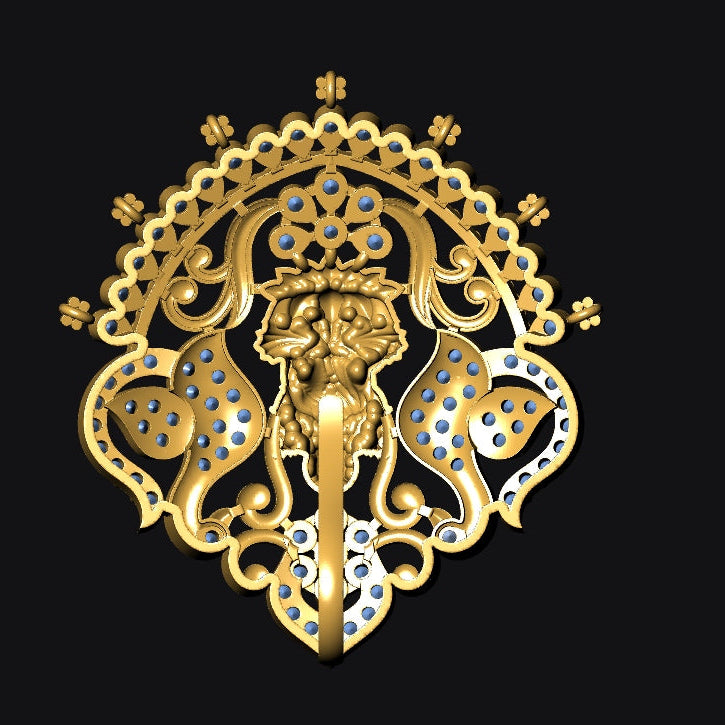 Gold decorative item with intricate design on a black background