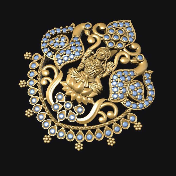 Decorative brooch with gold and gemstone design on a black background