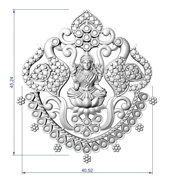 Decorative design with a central figure and intricate patterns, shown with dimensions on a white background.
