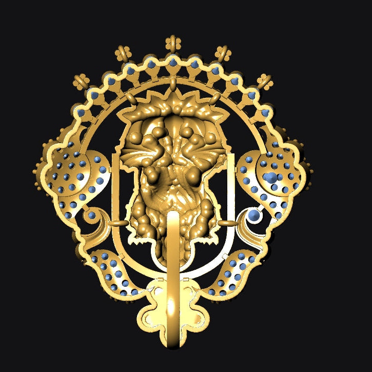 Decorative gold emblem with a central figure on a black background