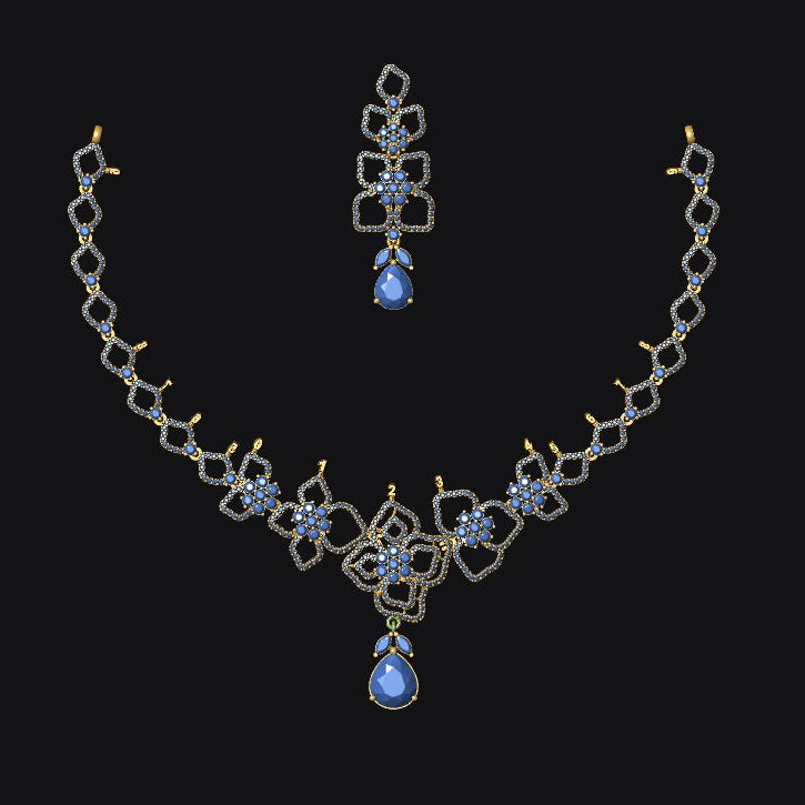 Jewelry set with necklace and earrings featuring blue gemstones on a black background