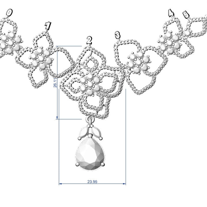 Silver necklace with butterfly design and teardrop pendant on a white background