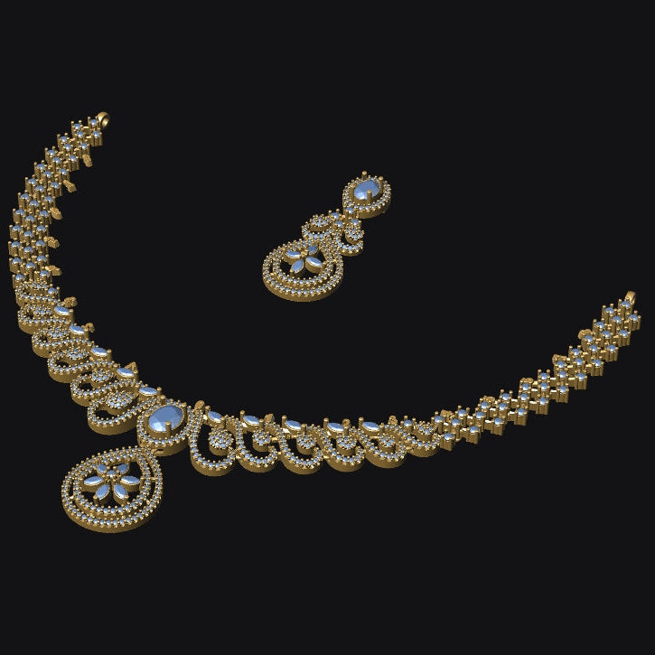 Gold necklace and earrings on a black background