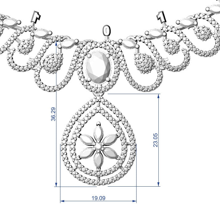 Diagram of a necklace with measurements on a white background