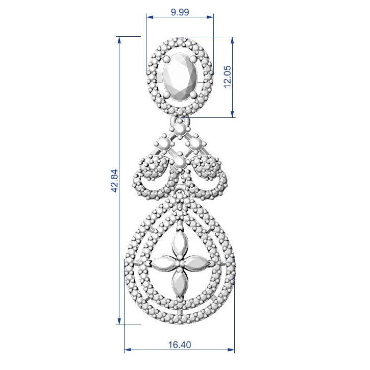 Earring with measurements on a white background