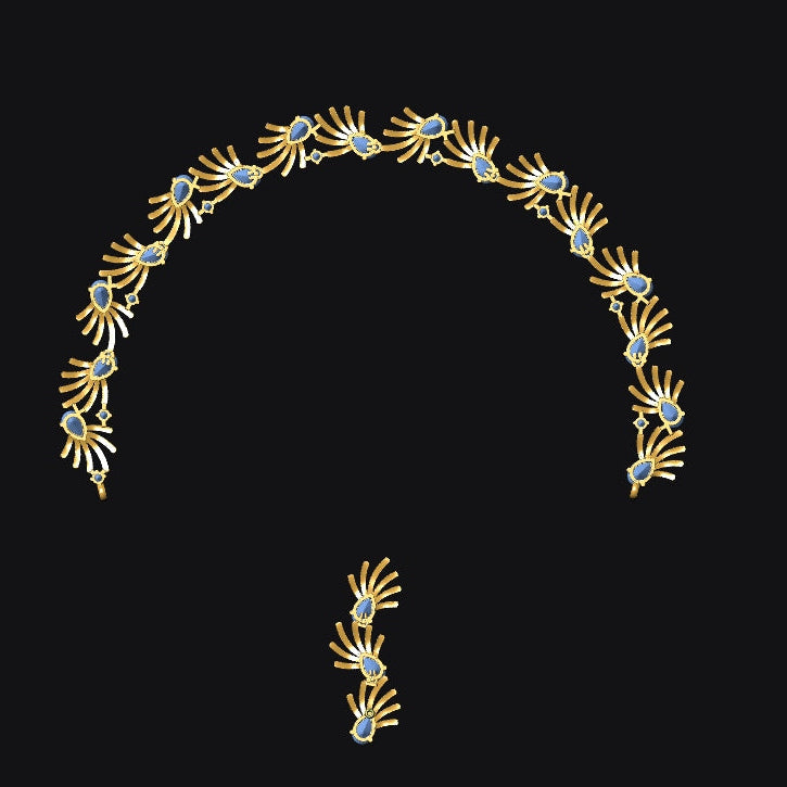 Gold necklace with floral design on a black background