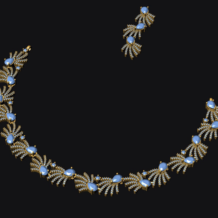 Necklace and earrings with blue stones on a black background