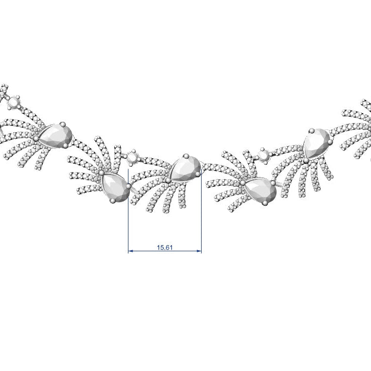 Technical drawing of a necklace with measurements on a white background