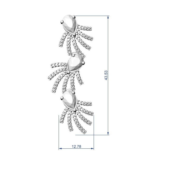 Silver earring with measurements on a white background