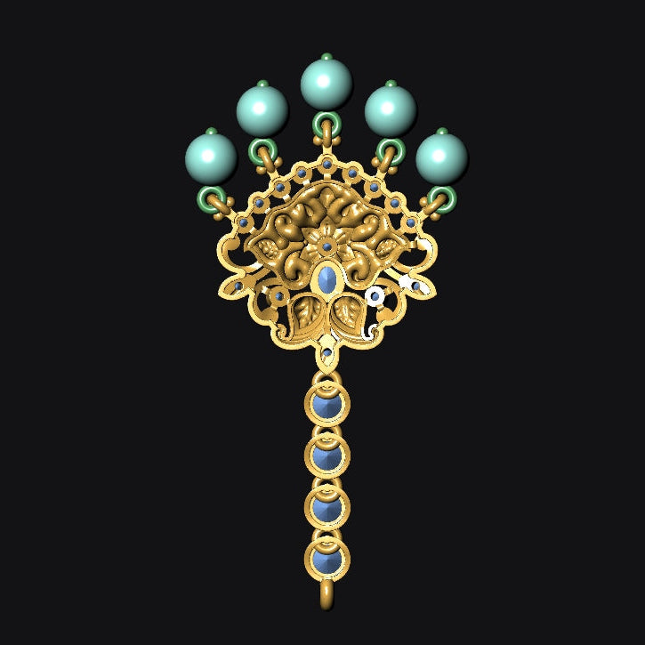 Decorative brooch with gold and gemstone details on a black background