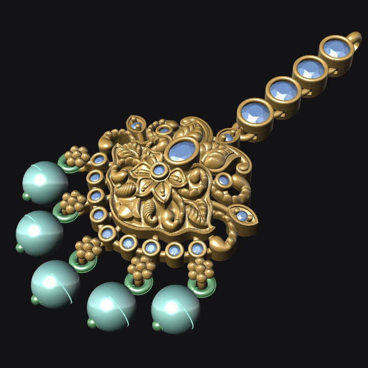 Decorative gold and gemstone pendant on a black background