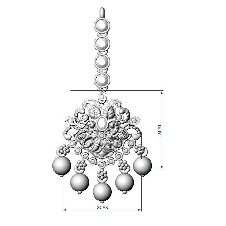 Silver decorative hanging ornament with measurements on a white background