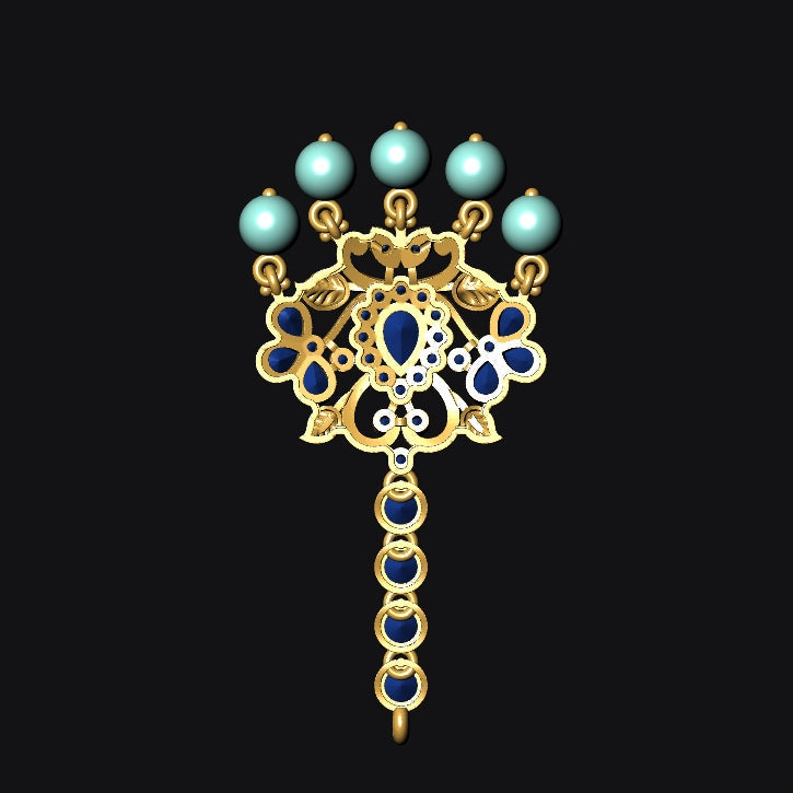Gold brooch with turquoise stones on a black background