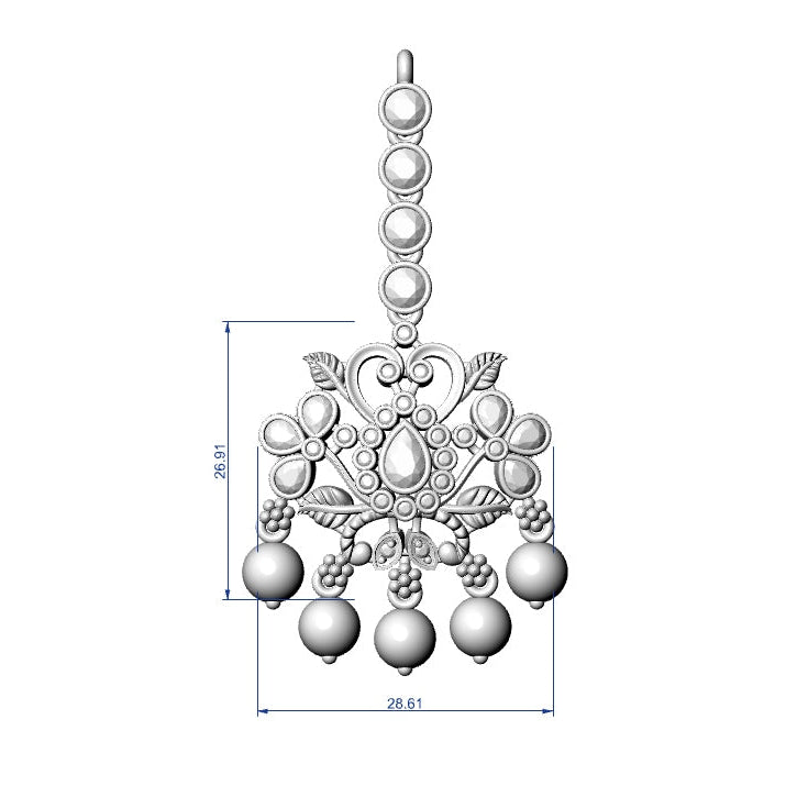 Silver earring with decorative elements on a white background