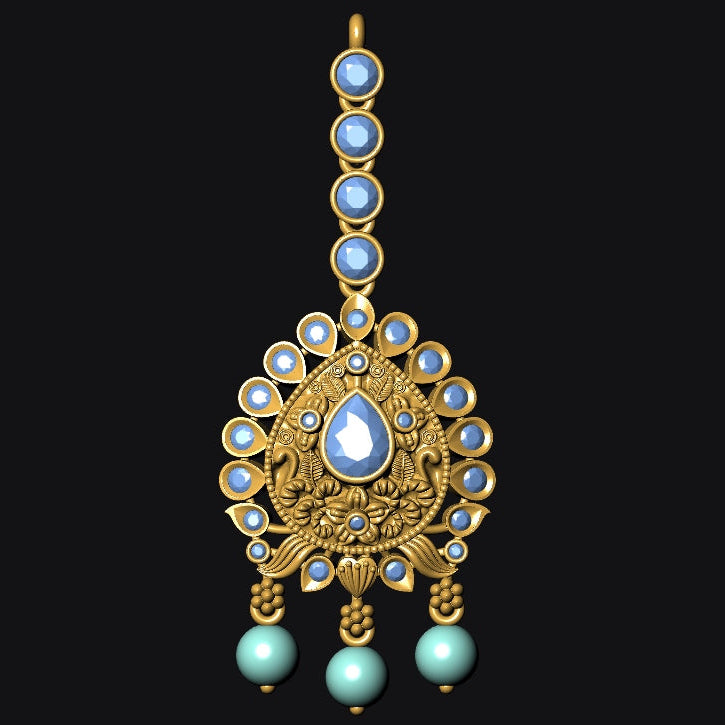 Gold necklace with blue and green gemstones on a black background