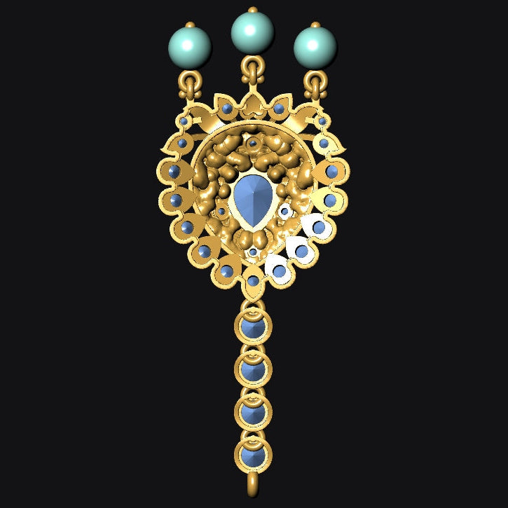 Gold pendant with blue gemstones on a black background