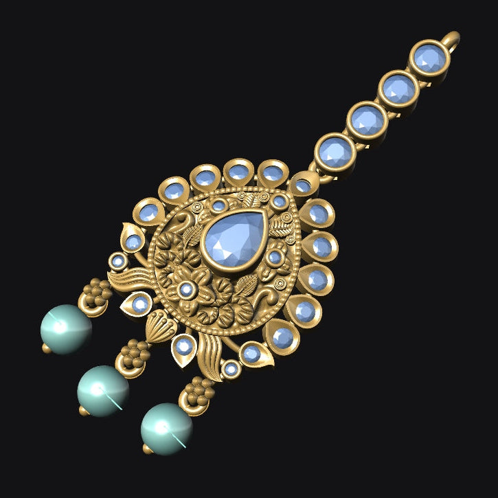 Decorative gold and turquoise jewelry piece on a black background
