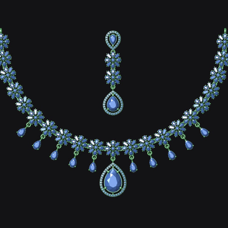 Jewelry set with necklace and earrings featuring blue and green gemstones on a black background
