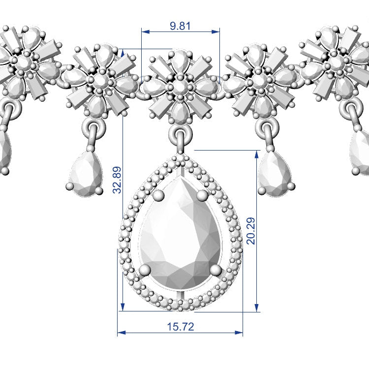 Jewelry design with teardrop-shaped elements and measurements on a white background
