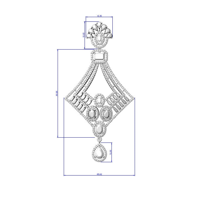 Technical drawing of a diamond earring on a white background