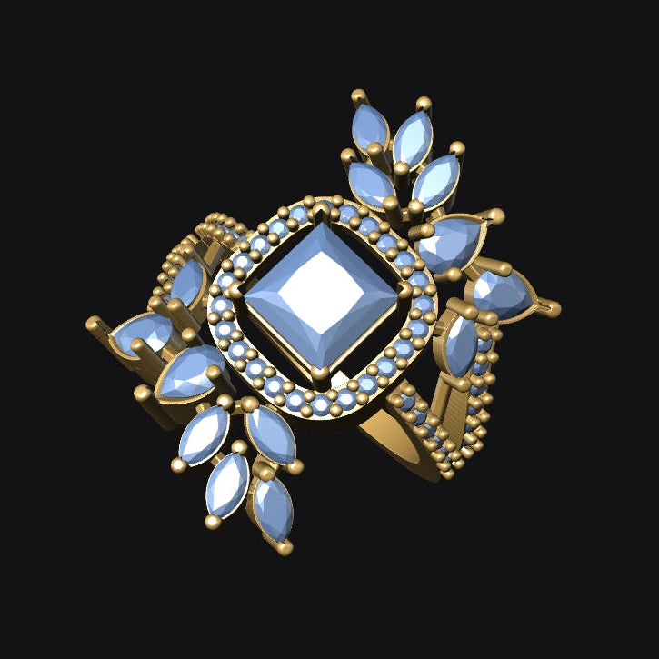 Gold ring with blue gemstone on a black background