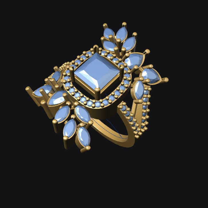 Gold ring with blue gemstones on a black background