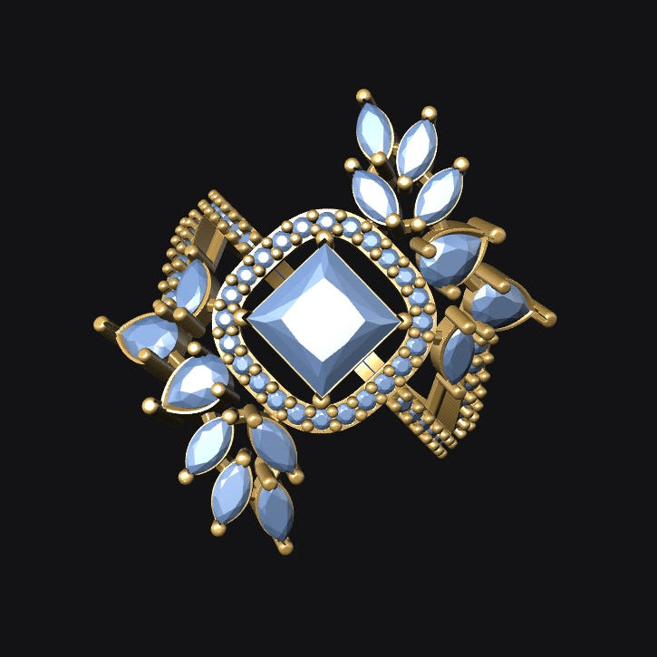 Decorative brooch with blue gemstones and gold accents on a black background