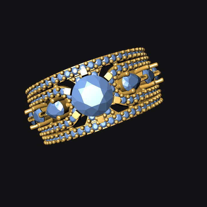 Gold bracelet with blue gemstones on a black background