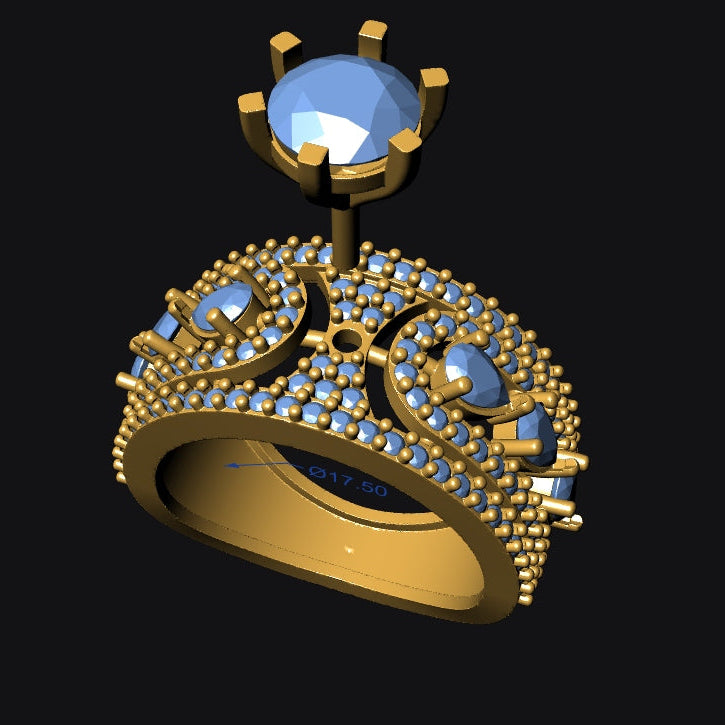 Gold ring with blue gemstones on a black background
