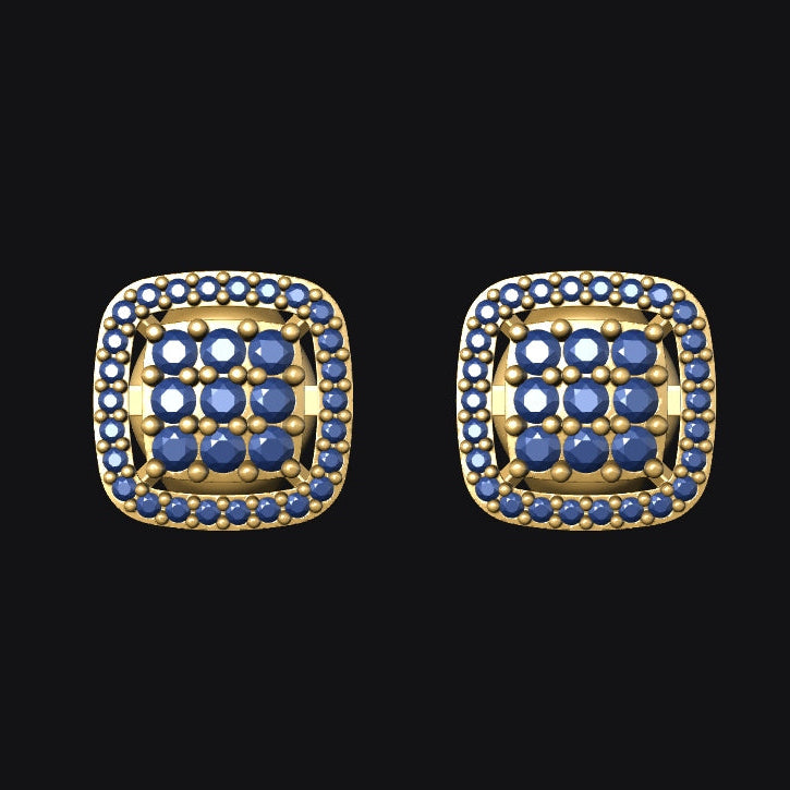 Pair of gold square earrings with blue gemstones on a black background