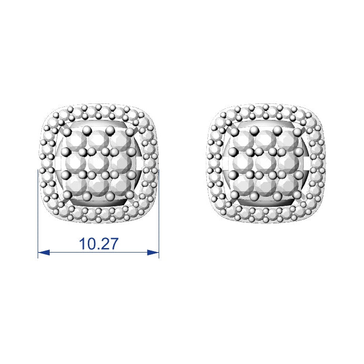 Pair of silver square-shaped earrings with bead detailing on a white background.