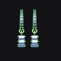 Pair of earrings with green and silver design on a black background