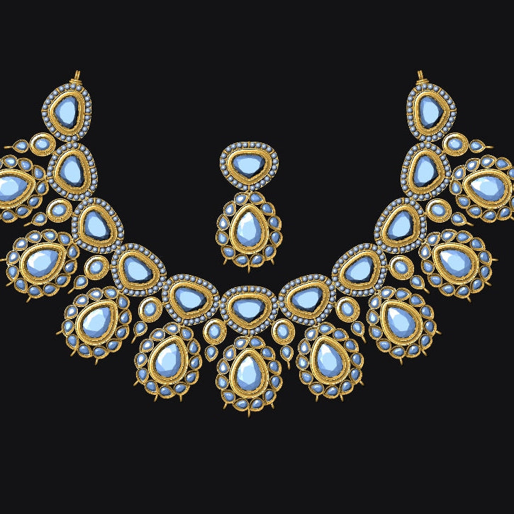 Ornate necklace with blue stones and gold accents on a black background