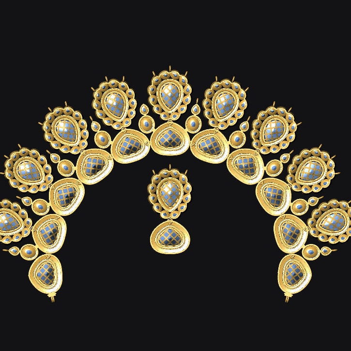Gold jewelry set with teardrop-shaped gemstones on a black background