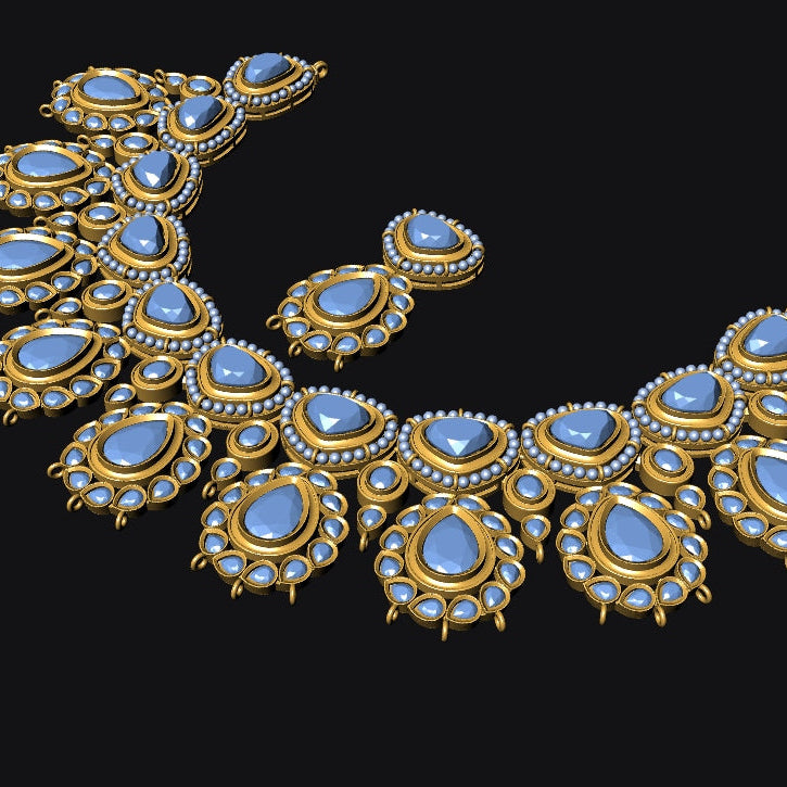 Ornate necklace with blue gemstones on a black background