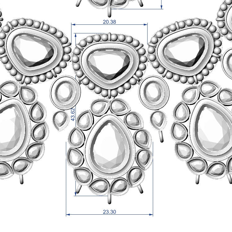 Jewelry design with teardrop-shaped stones and measurements on a white background